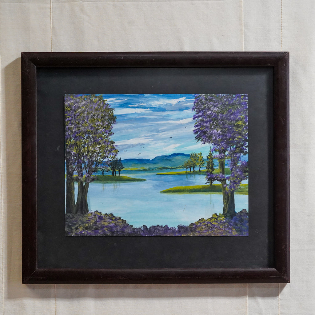 Pintura de paisaje floreado y lago