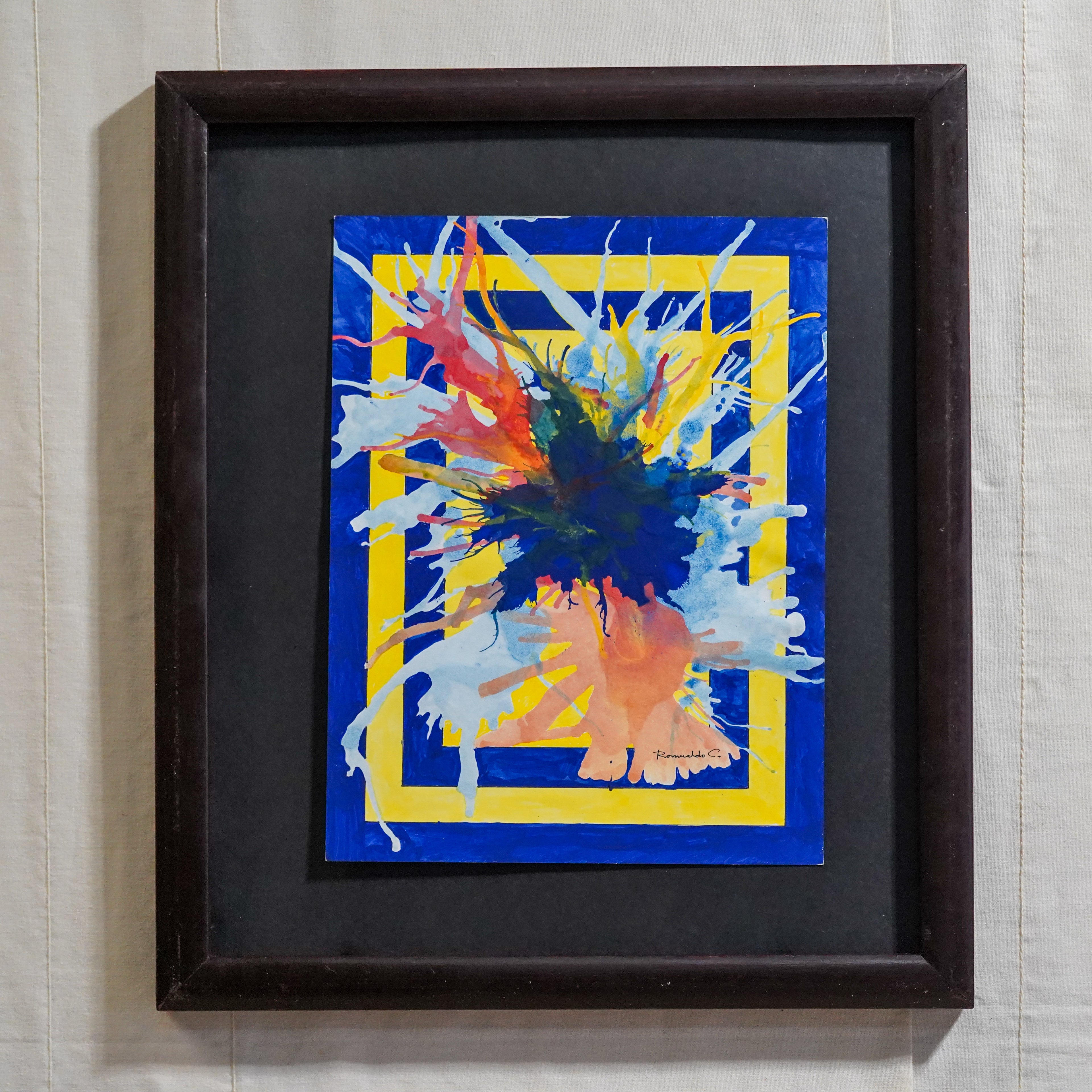 Pintura abstracta geometrica azul y amarillo 
