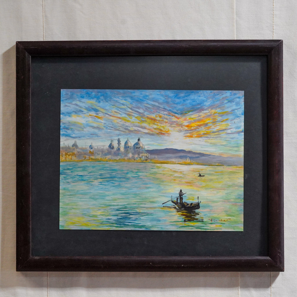 Pintura de sujeto en balsa con paisaje con edificios arabes y lago